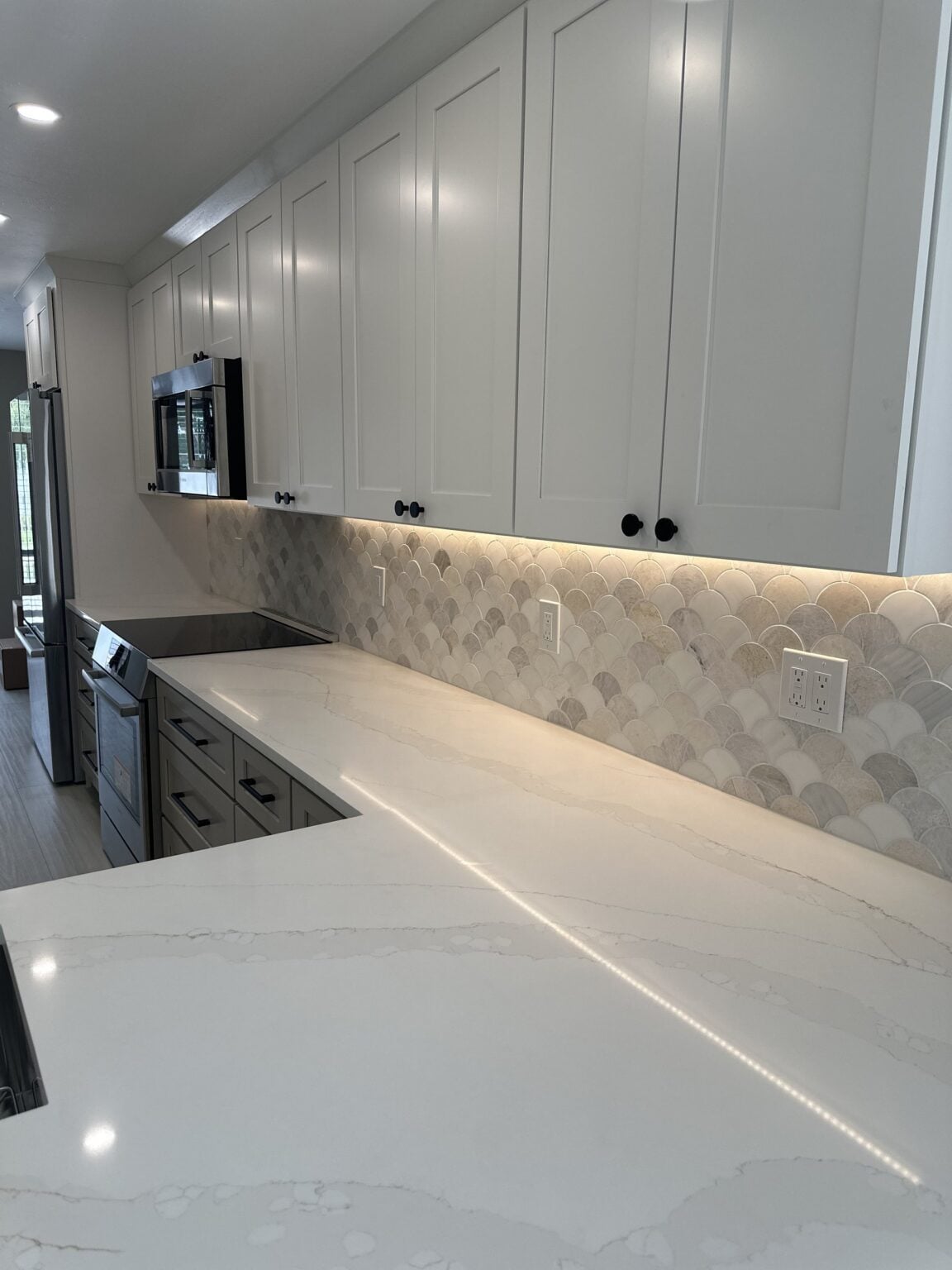 Custom cabinetry, countertop and under-cabinet lighting detail
