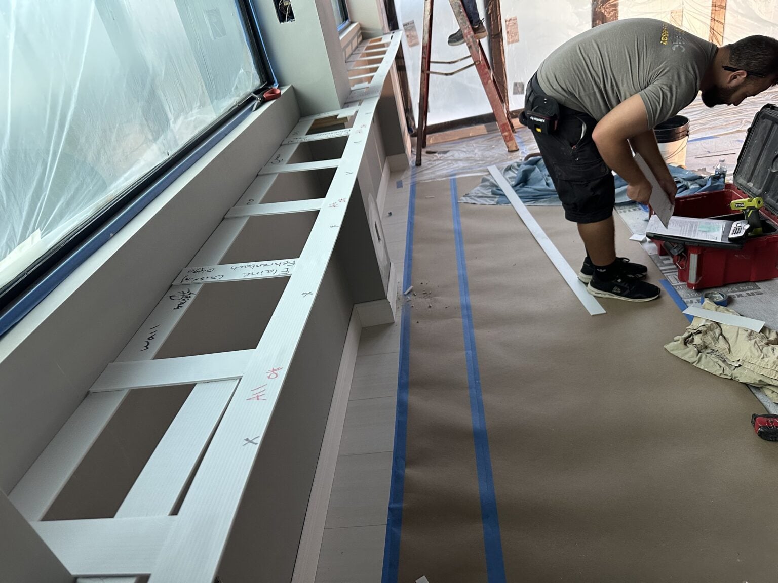 Wainscoting panel frames dry-fit on site before installation